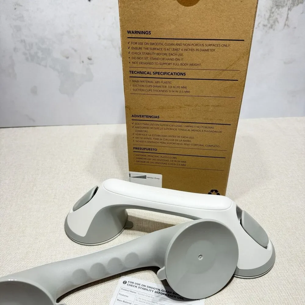 2 Pack 12” Suction Shower Grab Bars Bathroom Safety Handles White Gray No Drill
